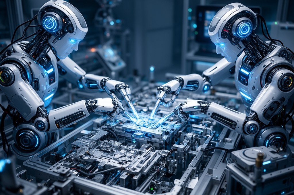 futuristic robots collaborating in a complex assembly task