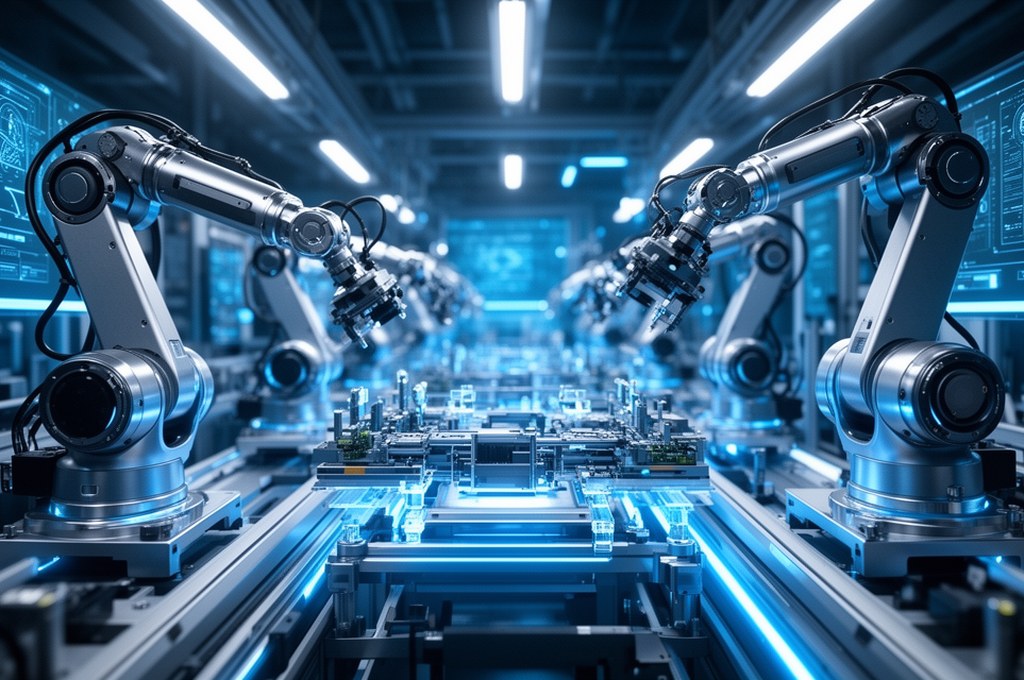 futuristic multirobot assembly line, tech style