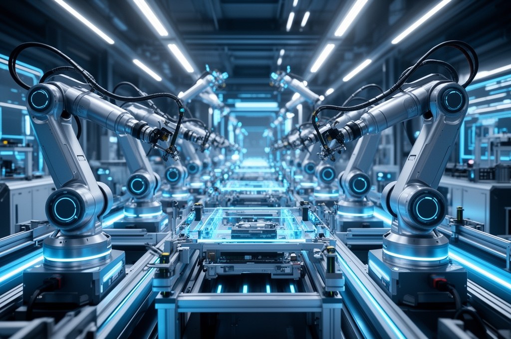 futuristic multirobot assembly line