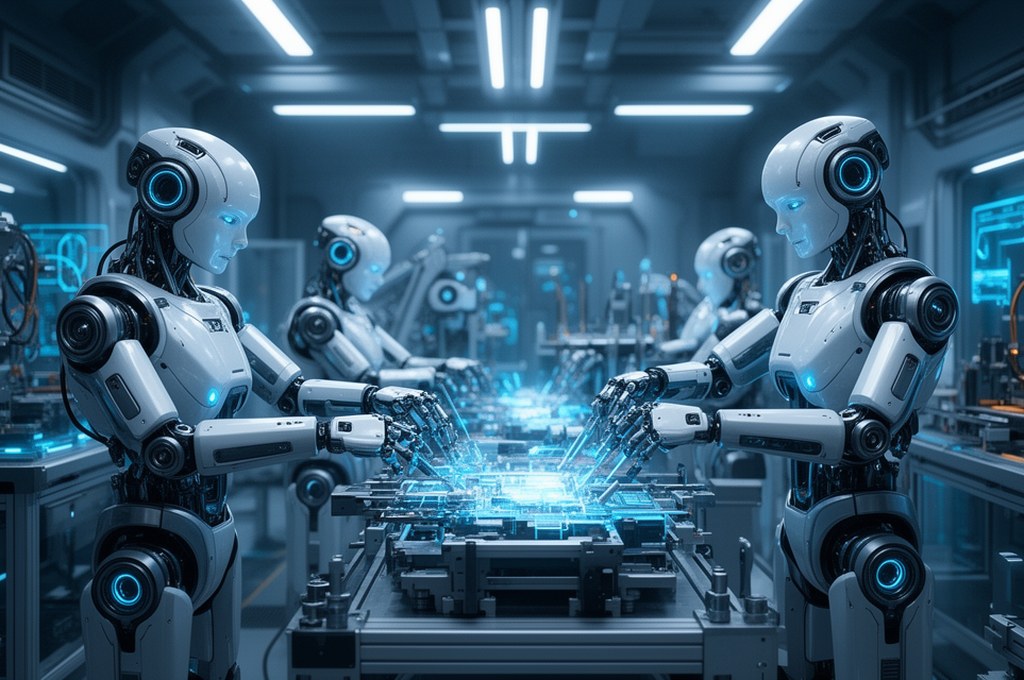 futuristic robot assembly team