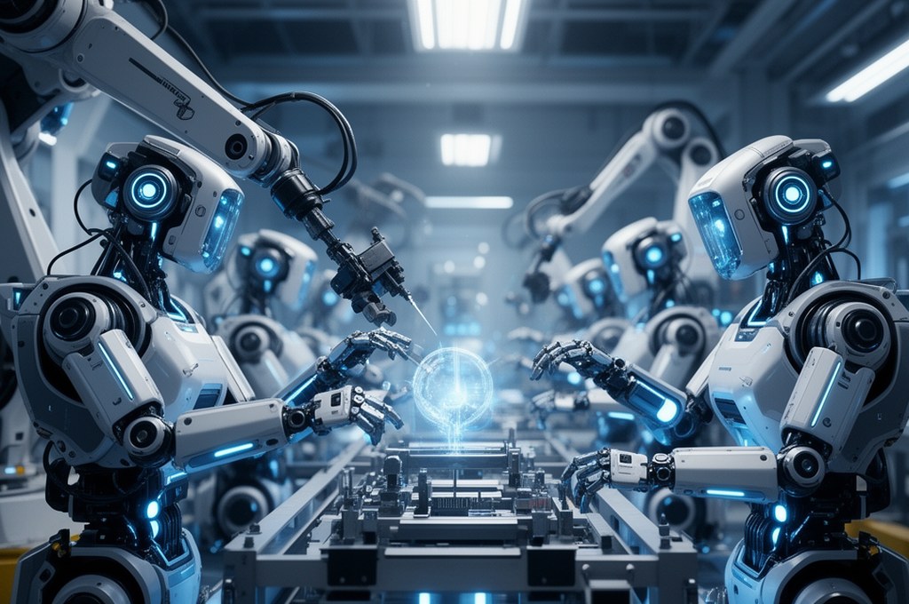 futuristic robot assembly team