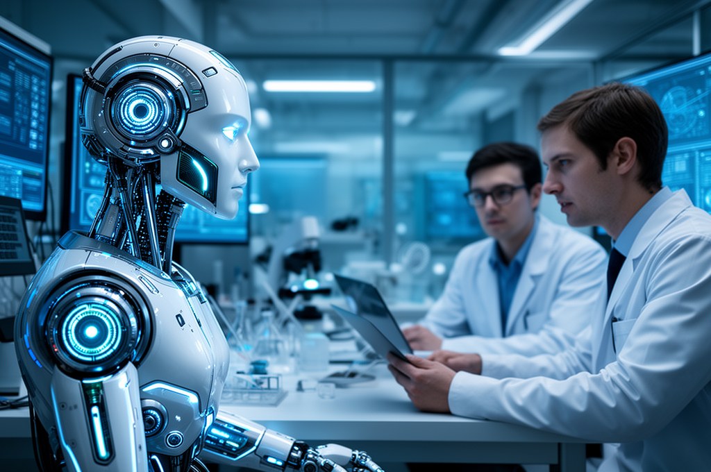 futuristic AI research agent working alongside human professionals