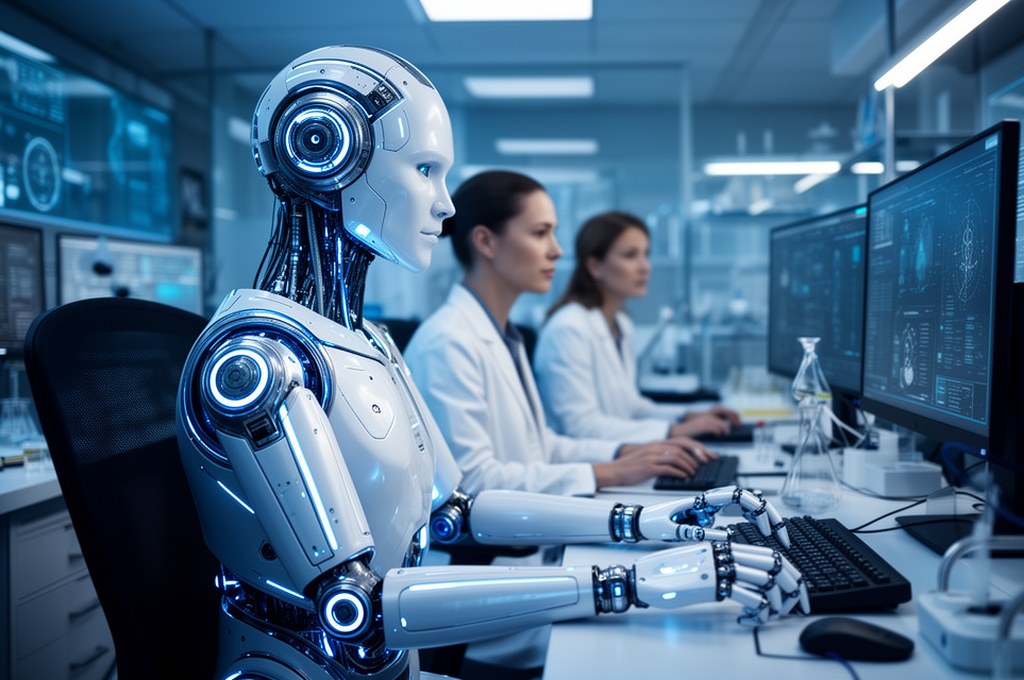 futuristic AI research agent working alongside human professionals