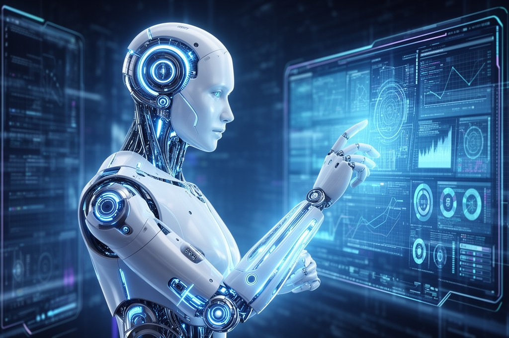 Futuristic AI analyzing data on a digital interface