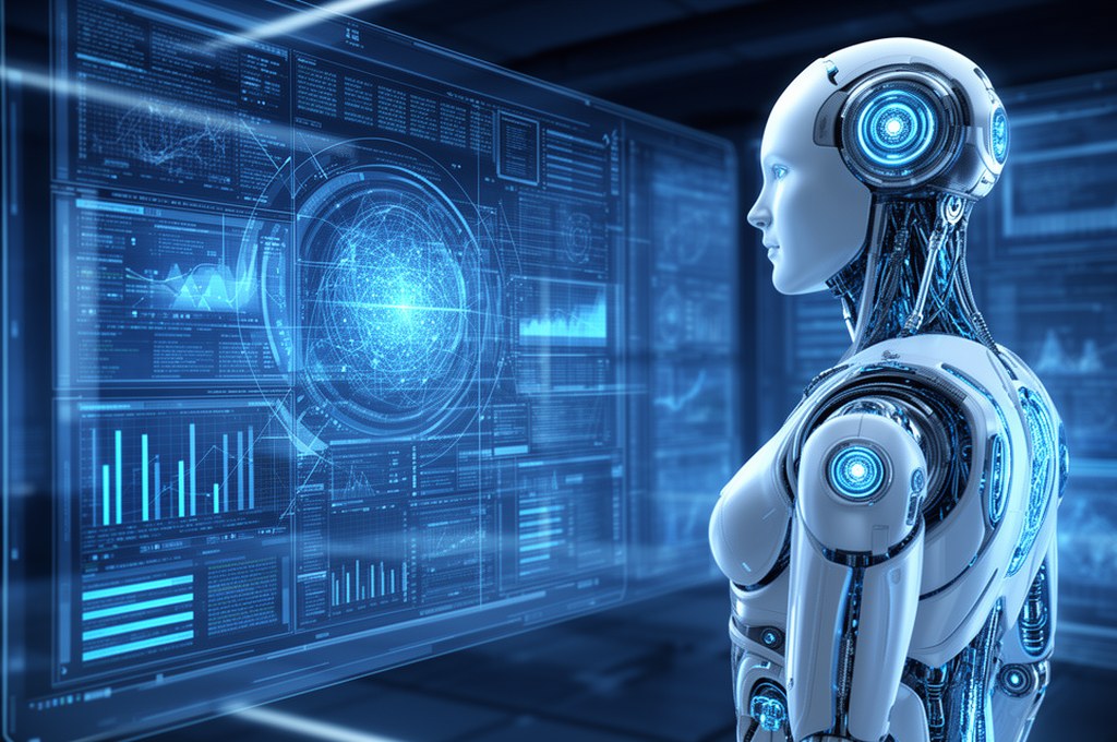 Futuristic AI analyzing data on a digital interface