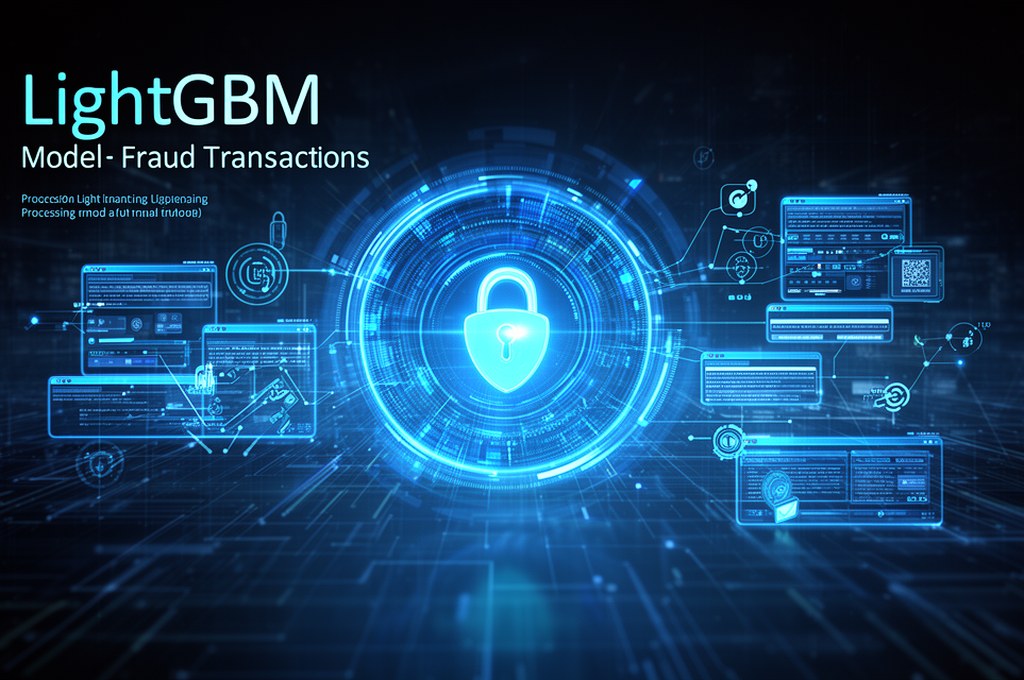 LightGBM model processing fraud transactions, futuristic concept.