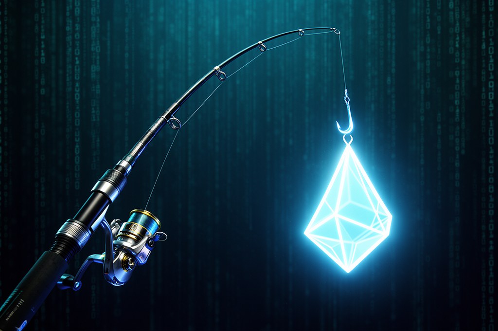 A futuristic fishing rod casting a glowing hook into a deep sea of binary code and matrix numbers, p