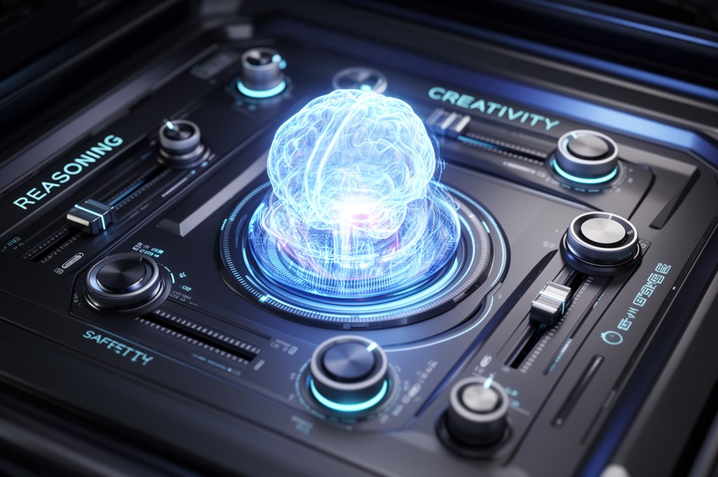 A futuristic control panel with sliders and dials labeled 'Reasoning', 'Creativity', 'Safety', adjus