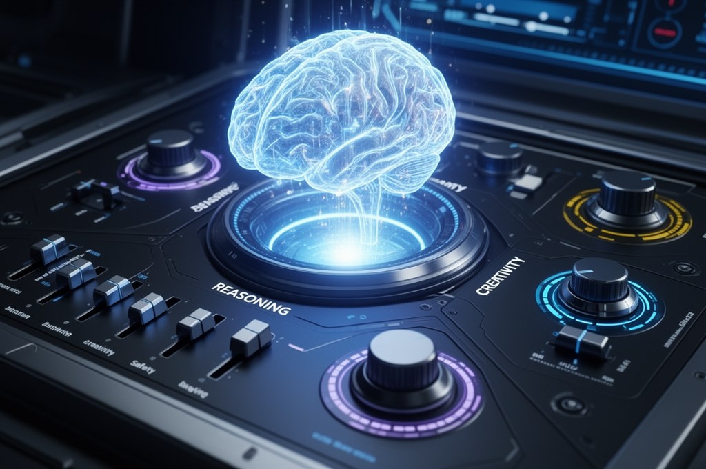 A futuristic control panel with sliders and dials labeled 'Reasoning', 'Creativity', 'Safety', adjus