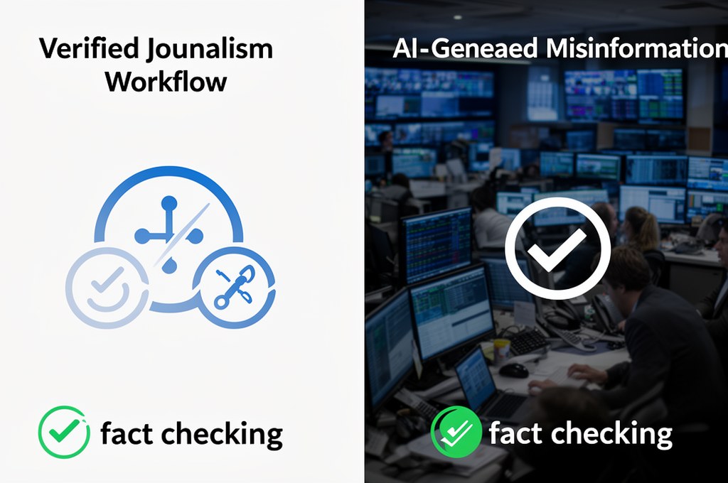 Split-screen comparison of verified journalism workflow and AI-generated misinformation, with fact-c