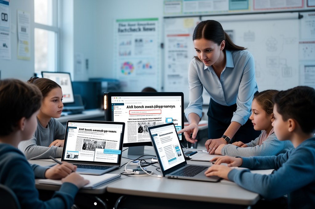 Classroom scene where students use AI tools to fact-check news with guidance from a teacher, balance