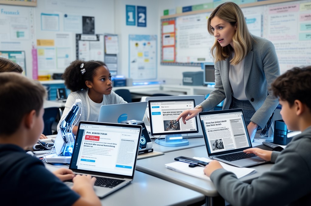 Classroom scene where students use AI tools to fact-check news with guidance from a teacher, balance