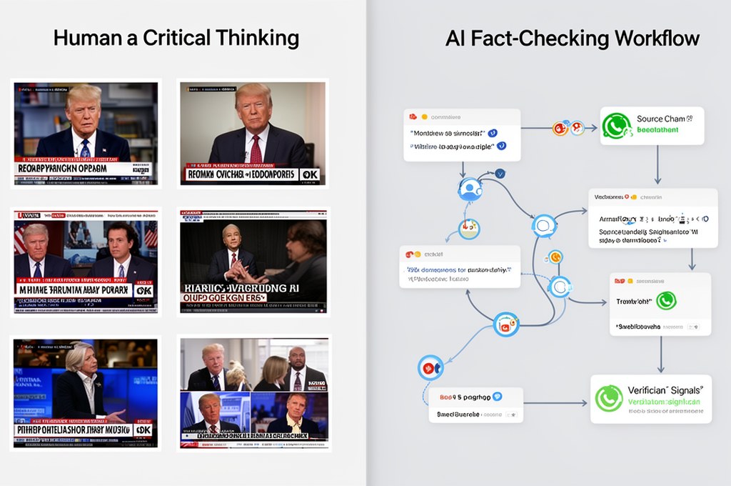 Split-screen comparison of human critical thinking and AI fact-checking workflow, with news images,