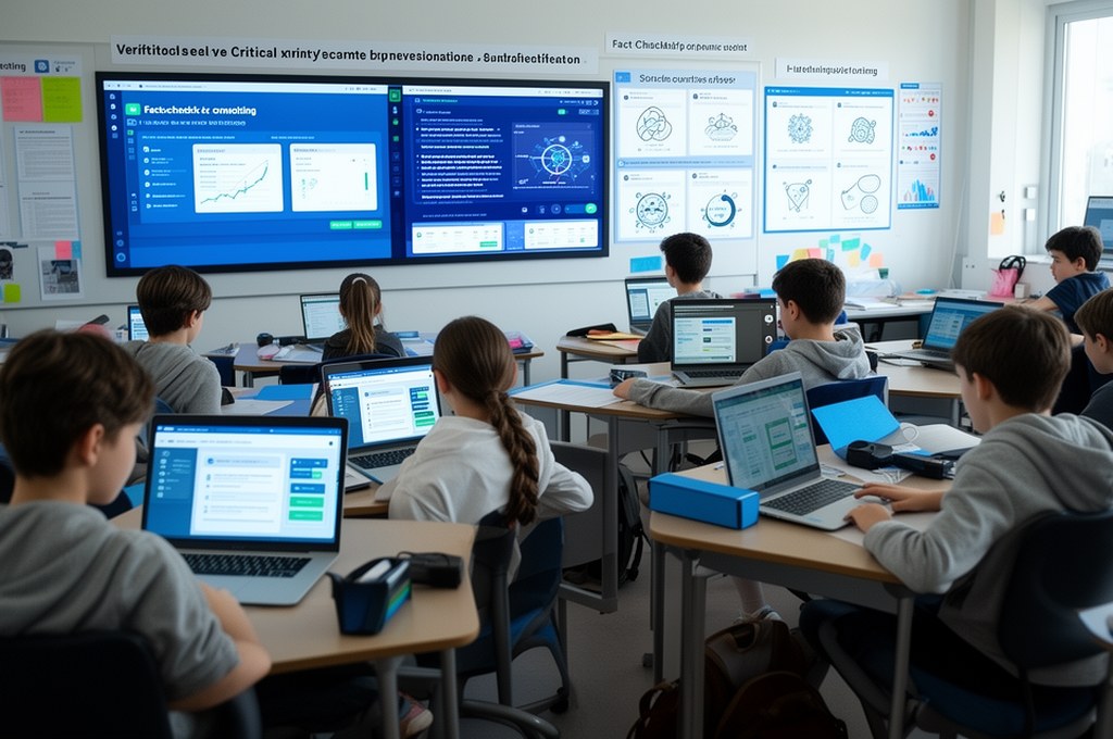 Classroom of students learning AI literacy with fact-checking dashboards, source verification, and c