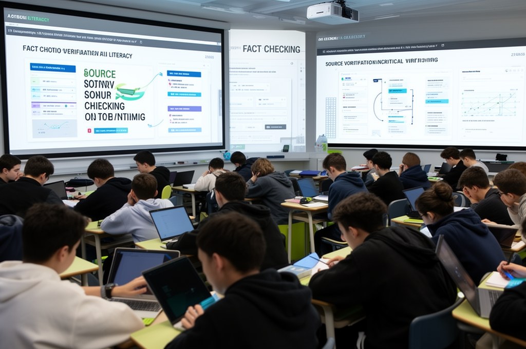 Classroom of students learning AI literacy with fact-checking dashboards, source verification, and c