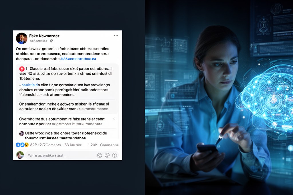 Split-screen concept showing a fake news post spreading online and a human critically examining sour