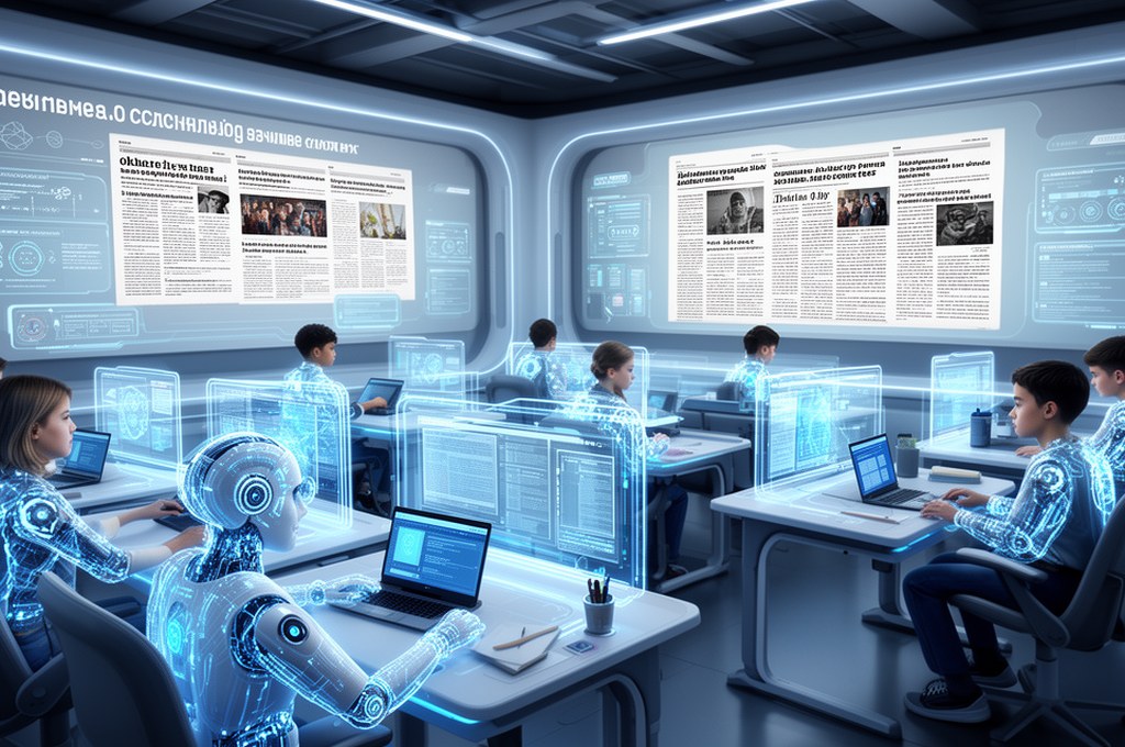 Futuristic AI literacy classroom where students analyze digital news sources with transparent AI coa