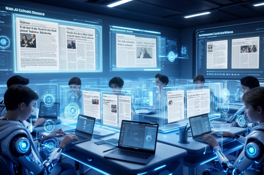 Futuristic AI literacy classroom where students analyze digital news sources with transparent AI coa