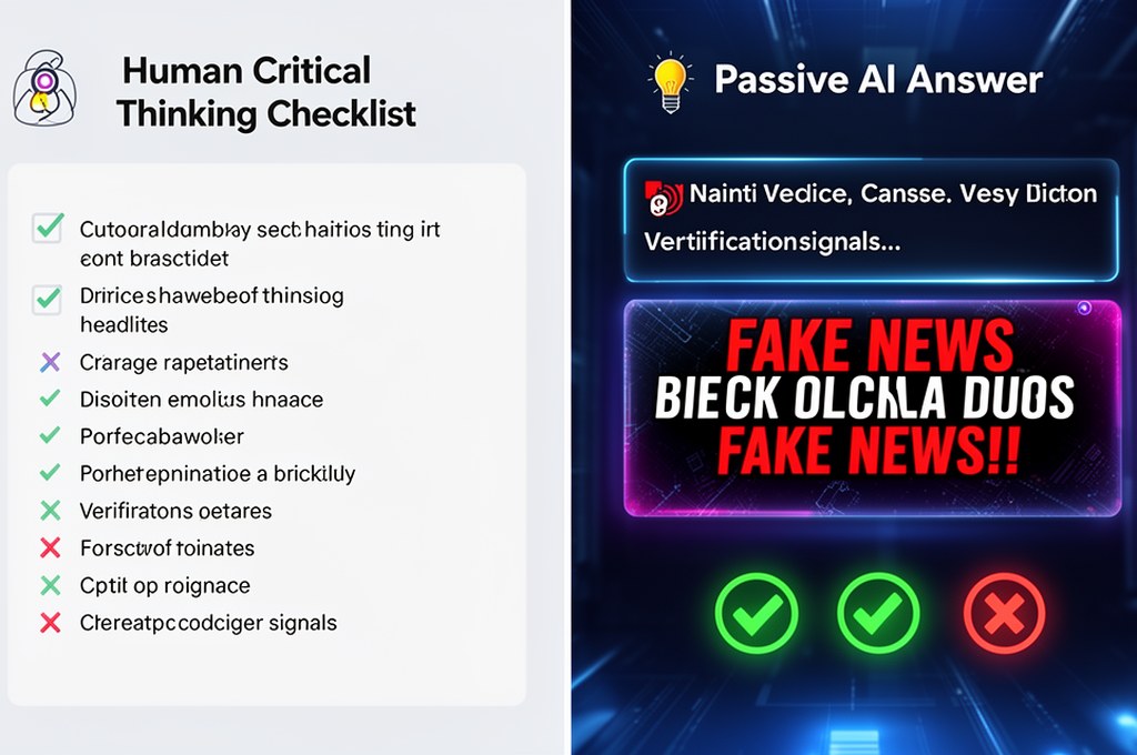 Split screen showing human critical thinking checklist versus passive AI answer, fake news headlines