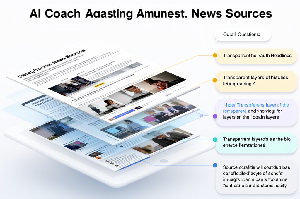 AI coach asking questions to a user analyzing news sources, transparent layers of headlines, images,