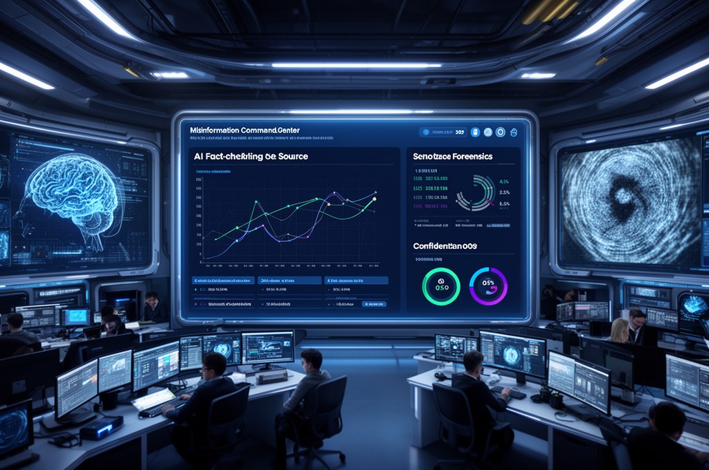Futuristic misinformation command center with AI fact-checking dashboard, source graph, image forens
