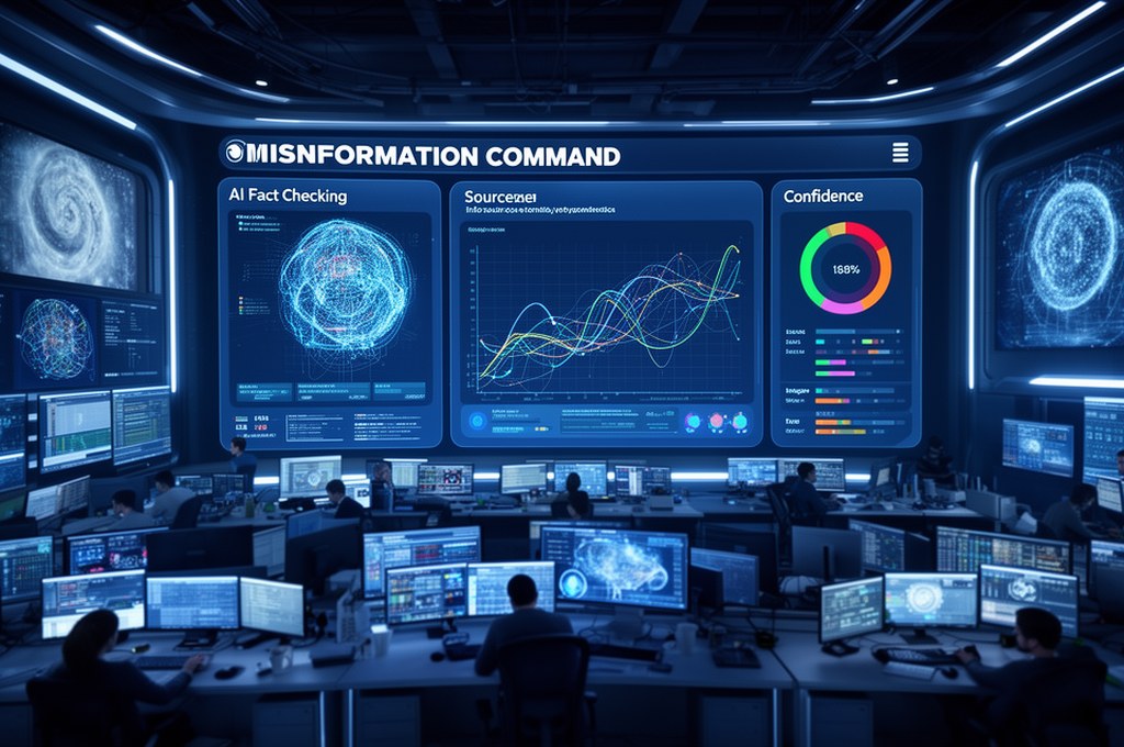 Futuristic misinformation command center with AI fact-checking dashboard, source graph, image forens