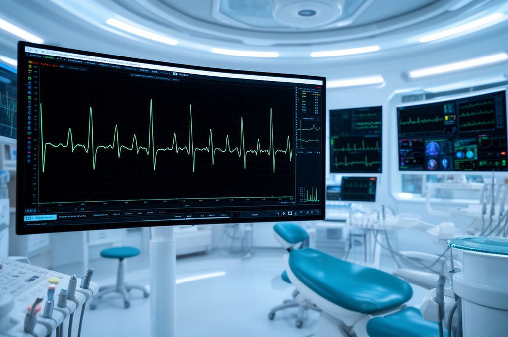AI analyzing ECG data in a futuristic clinic setting