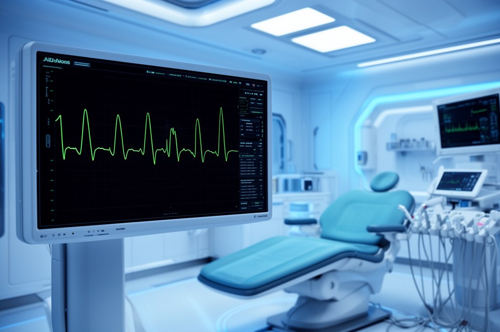 AI analyzing ECG data in a futuristic clinic setting