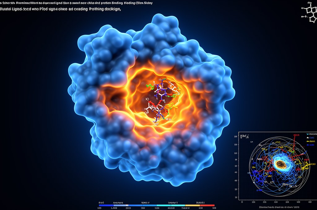 Advanced 3D protein-ligand docking scene, glowing molecular surfaces and binding pocket interaction 