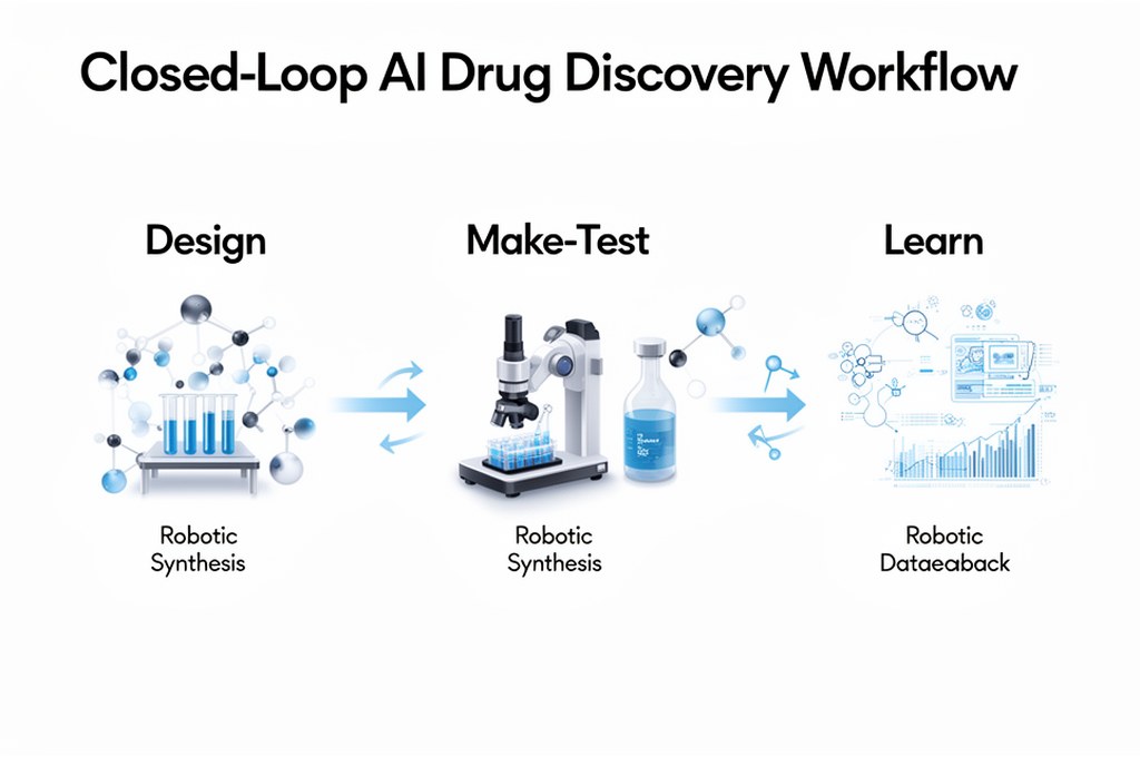 Closed-loop AI drug discovery workflow illustration: design-make-test-learn with robotic synthesis a