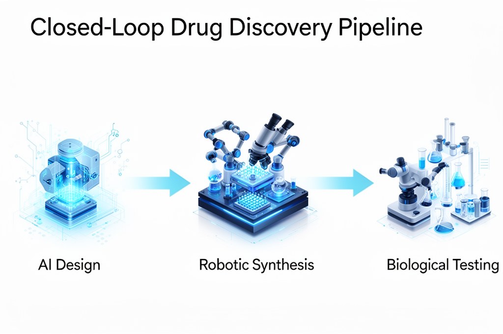 closed-loop drug discovery pipeline diagram, AI design to robotic synthesis to biological testing to