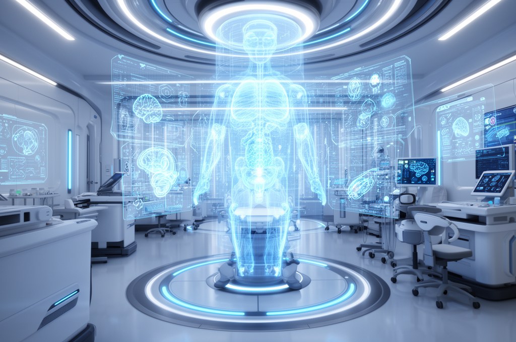 Futuristic clinic using AI for diagnostics with holographic displays