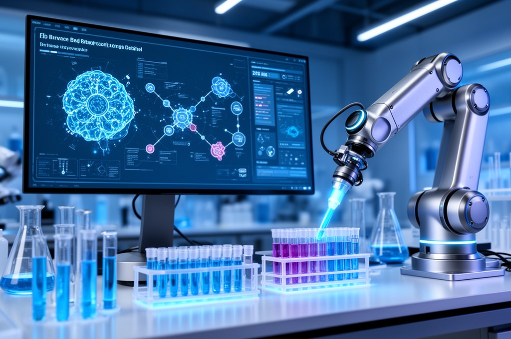 autonomous chemistry lab with robotic arms, glass reactors, AI dashboard optimizing experiments in a