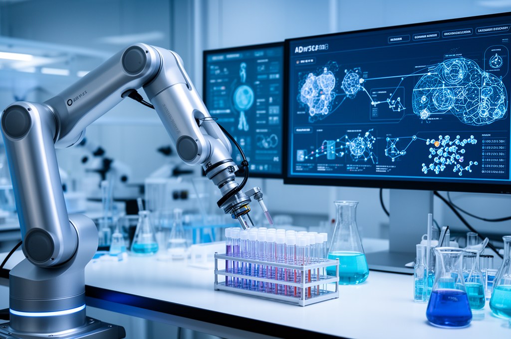 autonomous chemistry lab with robotic arms, glass reactors, AI dashboard optimizing experiments in a