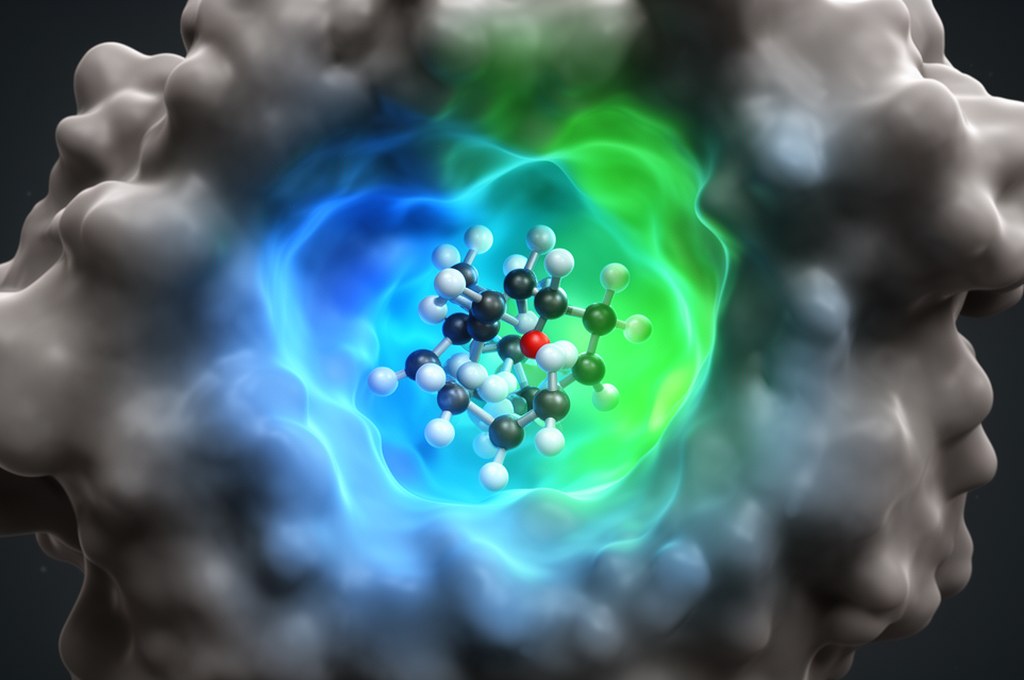 3D molecular docking visualization showing a small molecule fitting into a protein binding pocket, g