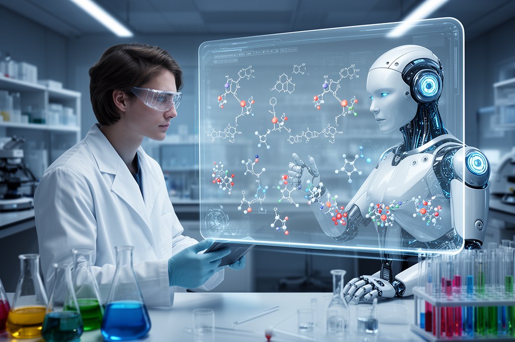 Human chemist collaborating with an AI assistant on a transparent screen showing reaction mechanisms