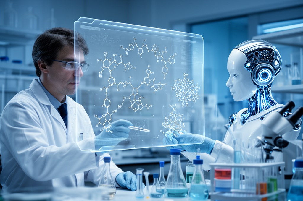 human chemist collaborating with an AI assistant on a transparent screen showing reaction mechanisms