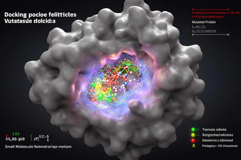 3D molecular docking visualization, small molecule fitting into mutated protein pocket, glowing inte
