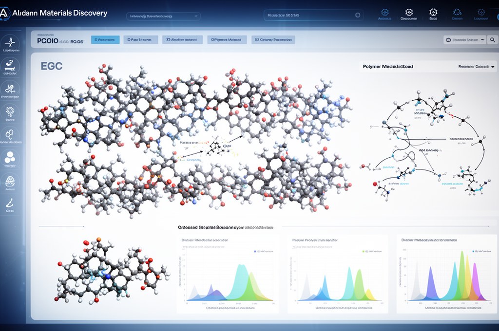 AI-driven materials discovery dashboard with polymer chains, reaction pathways, and predictive analy