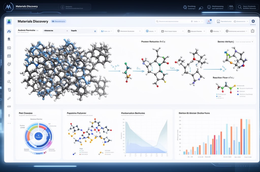 AI-driven materials discovery dashboard with polymer chains, reaction pathways, and predictive analy