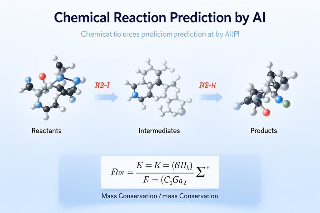 Scientific visualization of chemical reaction prediction by AI, with reactants, intermediates, produ