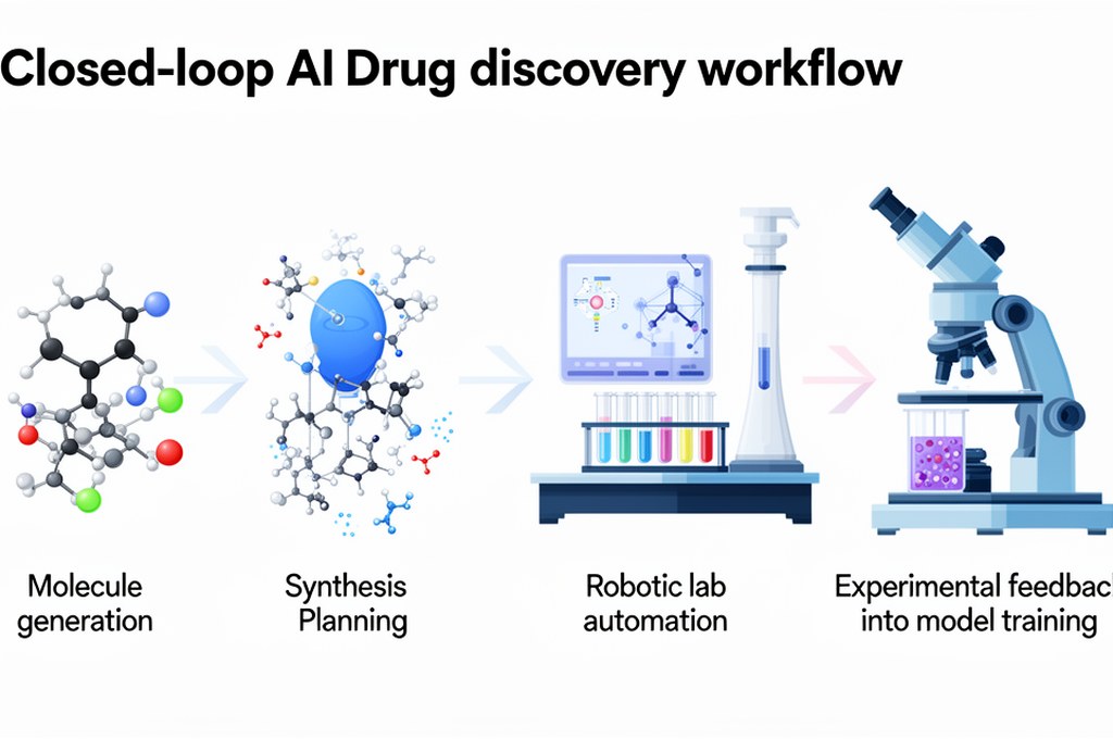 Closed-loop AI drug discovery workflow: molecule generation, synthesis planning, robotic lab automat