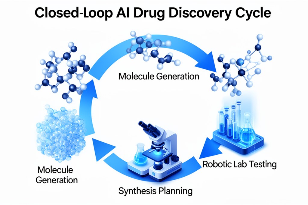 Closed-loop AI drug discovery cycle diagram, molecule generation, synthesis planning, robotic lab te