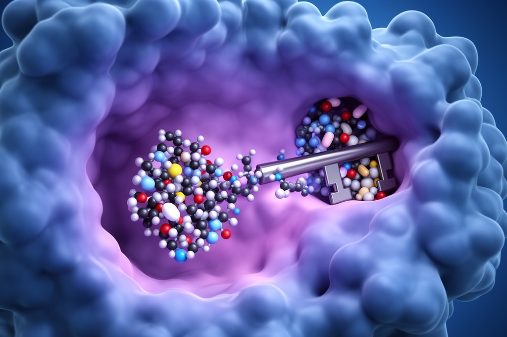 3D drug molecule fitting into a protein binding pocket like a key in a lock, scientific visualizatio