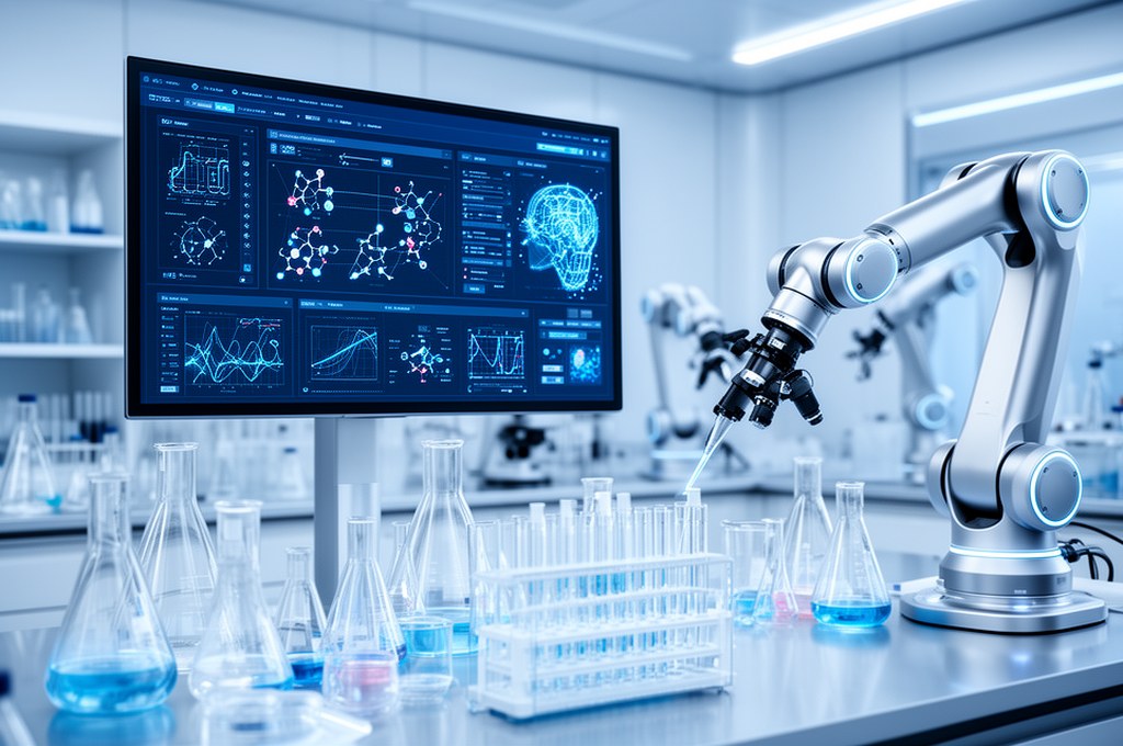 Autonomous robotic chemistry lab with AI dashboard planning experiments, glassware, robotic arms, cl