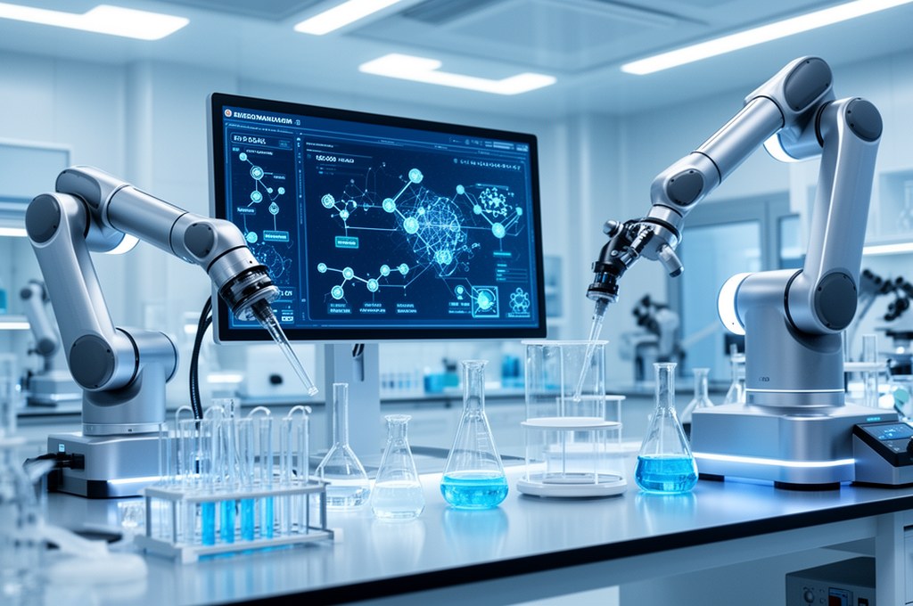autonomous robotic chemistry lab with AI dashboard planning experiments, glassware, robotic arms, cl