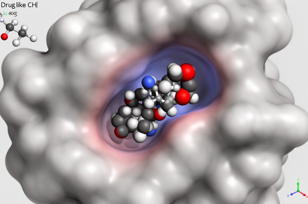 3D molecular docking visualization showing a drug-like molecule fitting into a protein pocket, clean