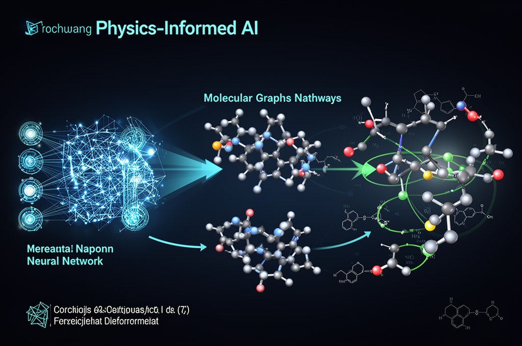 Conceptual diagram of physics-informed AI combining neural networks, molecular graphs, and chemical 