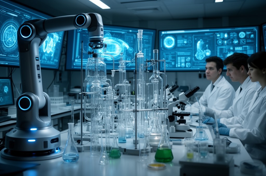 Autonomous robotic chemistry lab of the future with AI screens, glass reactors, and scientists super