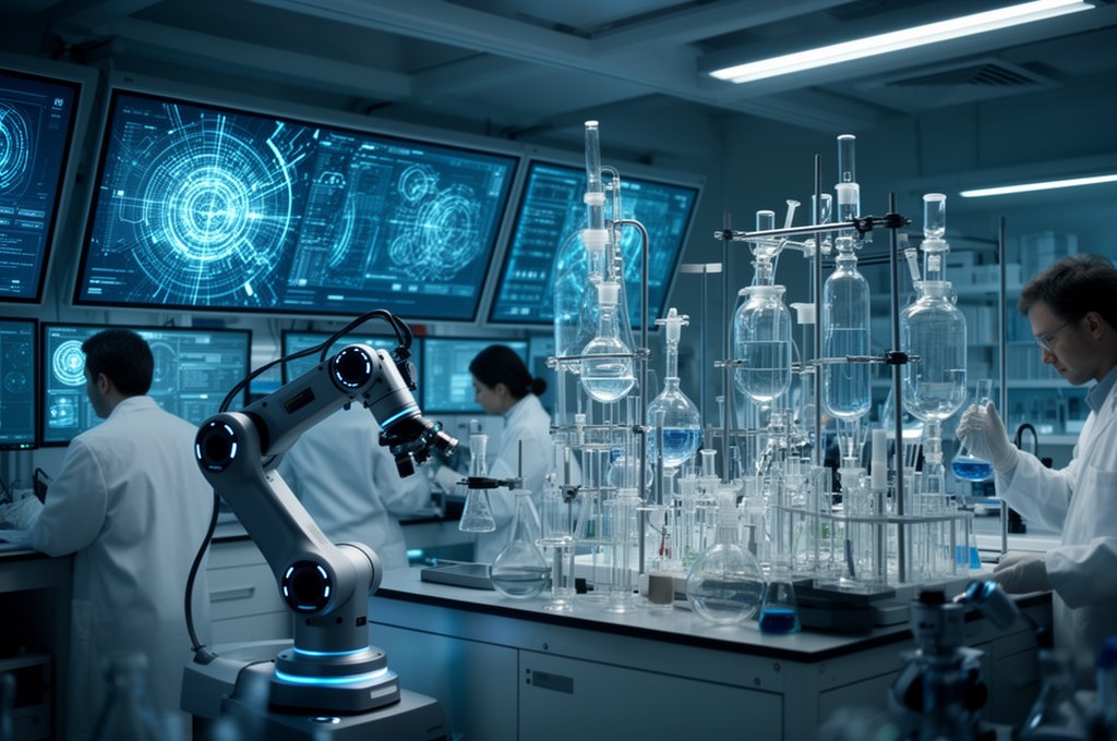 Autonomous robotic chemistry lab of the future with AI screens, glass reactors, and scientists super